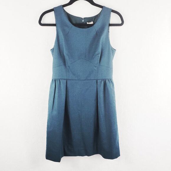 J. Crew Sheath Dress Women 4 Teal Green Wool Blend Career Sleeveless Pleated - Picture 2 of 10